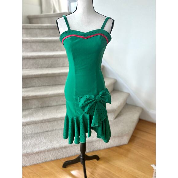 Tatyana Emerald Green & Red Polka Dot Ruffle Hem Sheath Vintage Pinup Rockabilly - Picture 2 of 7